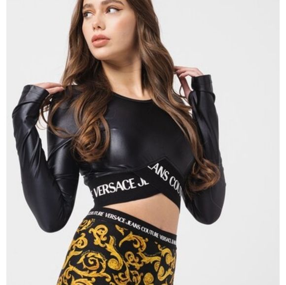 Versace Tops - Versace Jeans Collection Black Logo-Waist Cropped Long Sleeve Top